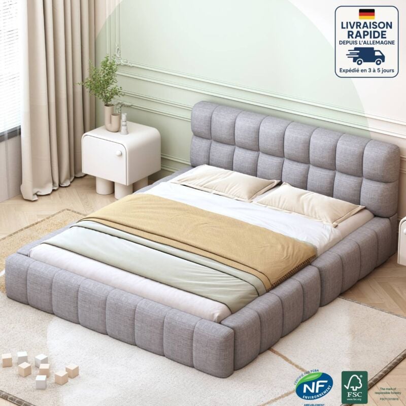 Lit adulte 140x200cm, lin, lit double, sans matelas, sommier à lattes, gris