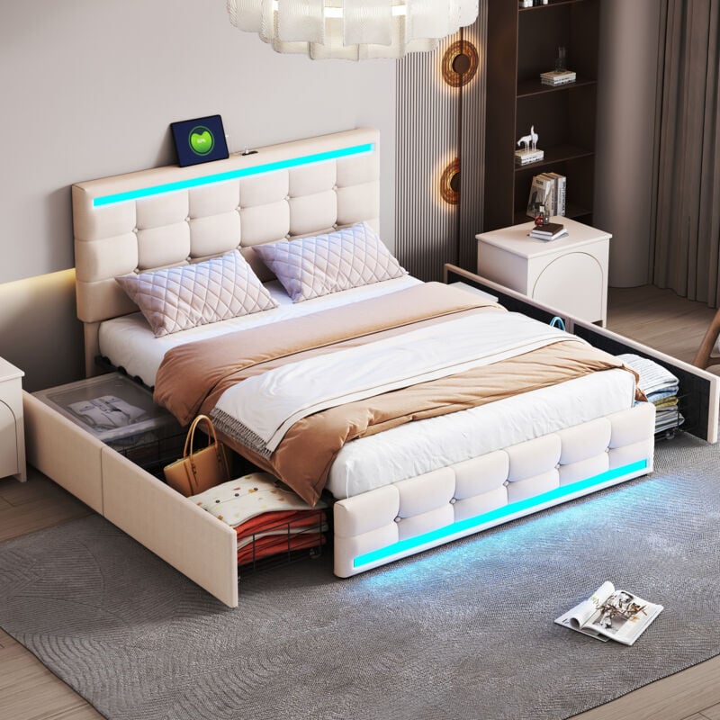 Lit adulte 140x200cm, lit double capitonné, led, 2 ports usb, lin, sans matelas, 4 tiroirs, beige