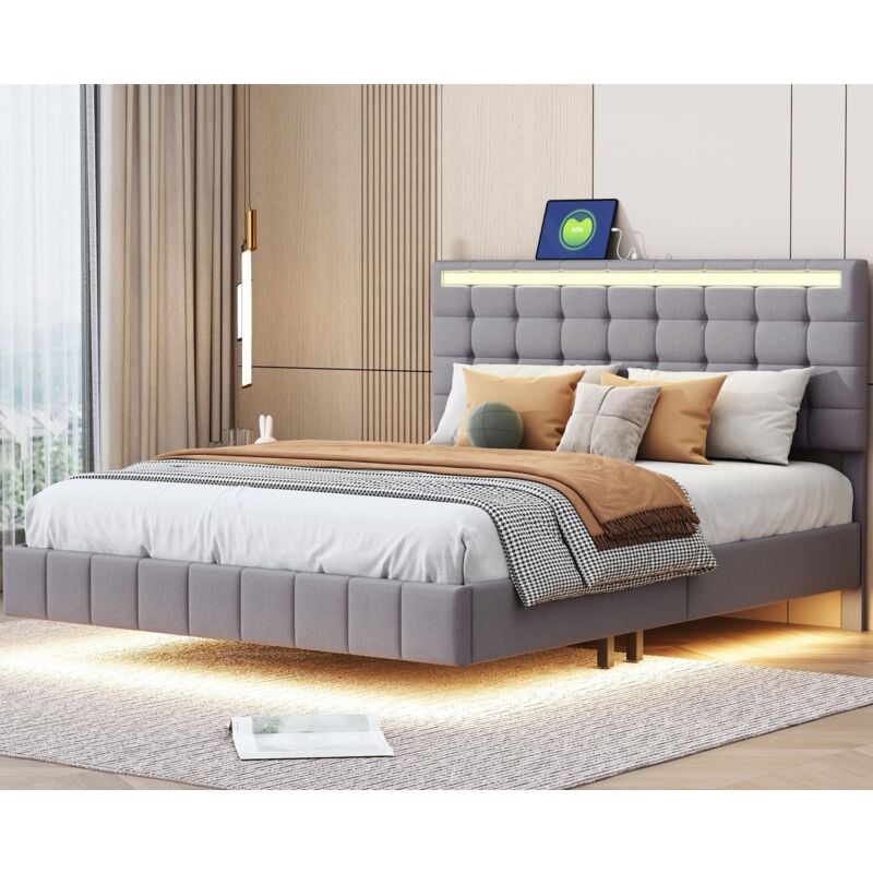 Modernluxe - Lit adulte 140x200cm - lit flottant avec led et 2 ports usb + sommier à lattes - tissu en lin - Gris