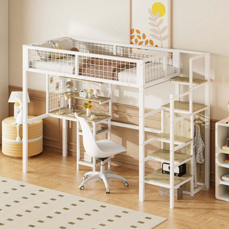 Lit mezzanine enfant 90x200cm, avec Échelle Sécurisée et armoire –Rangement pratique, Métal, sans matelas, blanc, avec table