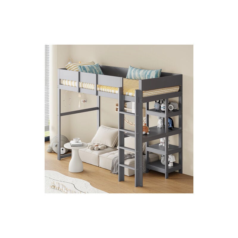 Wishdor - Lit mezzanine 90x200 cm, lit simple avec étagère de rangement, barrière, cadre en pin massif, sans matelas, gris