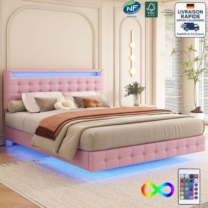 Lit adulte 140x200cm, tissu simili cuir, lit double avec led, tête de lit réglable en hauteur, sommier à lattes, sans matelas, rose