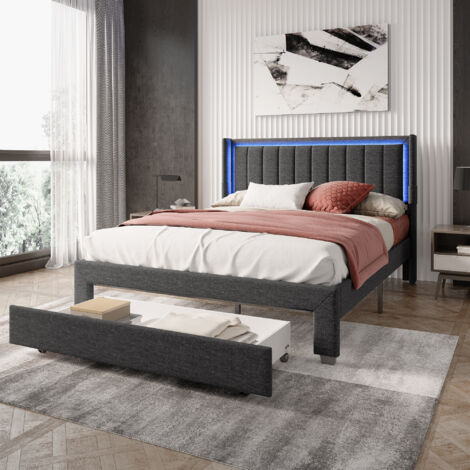 lit adulte 140x200,lit avec tiroir 140x200,lit rembourré,Tête de lit avec lumières LED réglables et chargement USB, port USB,lin,gris foncé