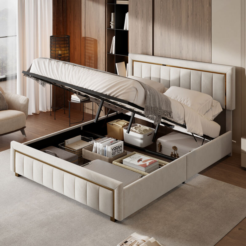 Sunfecili - lit 160x200,lit coffre 160x200,lit adulte 160x200 avec sommier à lattes,lit double rembourré avec levier hydraulique,velours,Beige -