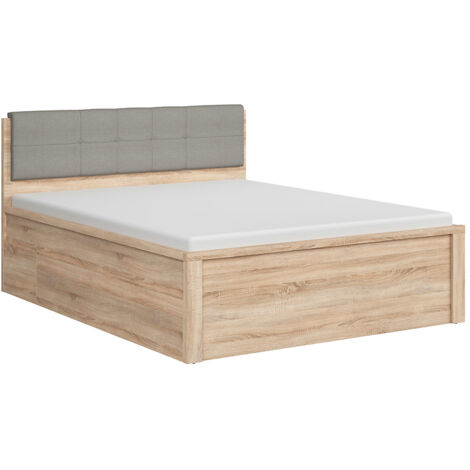 Lit adulte 160 cm avec tête de lit rembourrée capitonnée gris et 2 tiroirs de rangement - Longueur 208 x Largeur 168 x Hauteur 50-100 cm