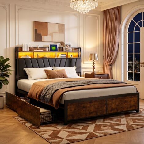 Lit adulte 160 x 200 cm - avec tiroirs - éclairage LED réglable - chargement USB - sommier à lattes métalliques - design moderne