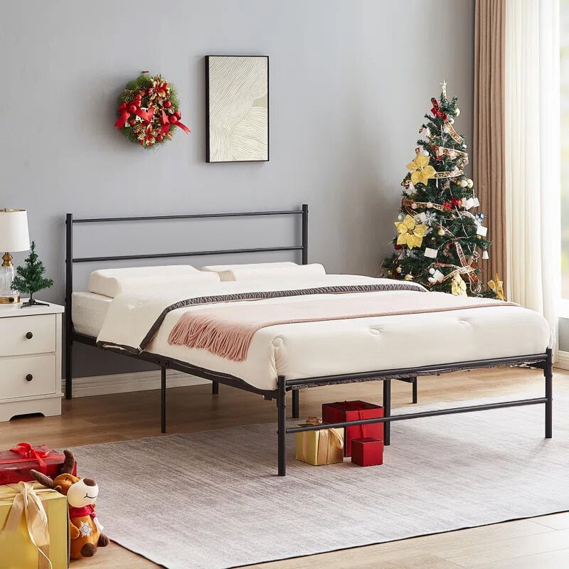 Iztoss - Lit adulte 140x190, Cadre de lit en métal, Sommier 140x190 Avec Tête de lit, Noir