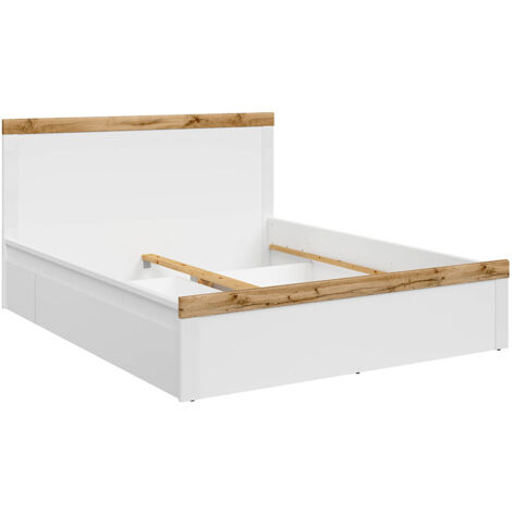 Lit adulte 160 x 200 lit 2 places avec 2 tiroirs sur roues, Blanc/Chêne wotan - Longueur 204,5 x Profondeur 169 x Hauteur 40,5-100,5 cm