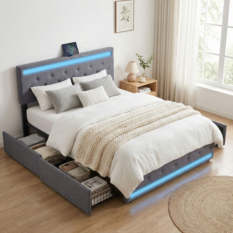 Lit adulte 140x190, 4 tiroirs, lit double capitonné avec éclairage LED & USB-C, tête de lit réglable, lit avec rangement en tissu lin, style