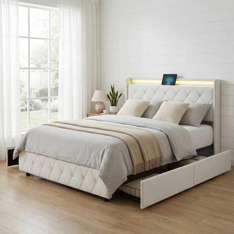Lit adulte 160x200, 4 tiroirs, lit double rembourré avec éclairage LED et ports USB/Type-C, tête de lit avec rangement, velours, style scandinave,