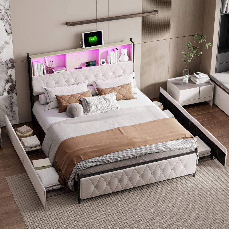 Lit adulte 180x200 avec 4 tiroirs,lit double 180x200,lit capitonné,Tête de lit avec lumière LED réglable et chargement USB et Type C,Velours,beige