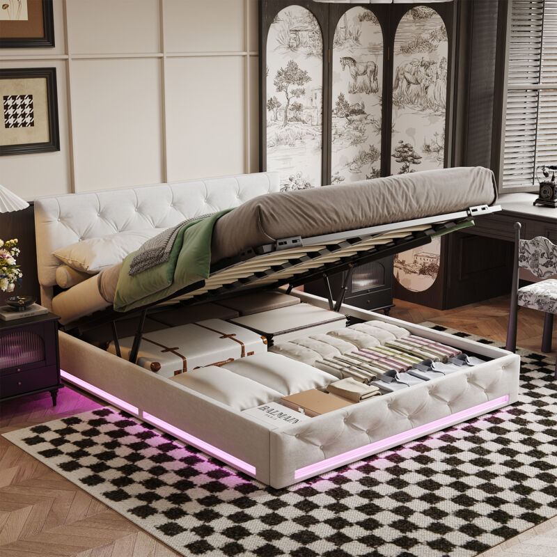 Lit coffre 140x200,lit adulte 140x200 avec sommier,bande lumineuse LED réglable,tête de lit réglable en hauteur,Chiffon anti-poussière sous le