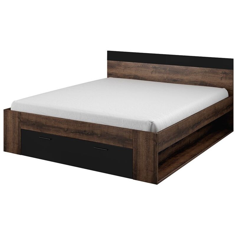 Lit adulte 160x200 avec tiroirs intégrés - Collection EOS. Coloris chêne foncé et noir - Marron