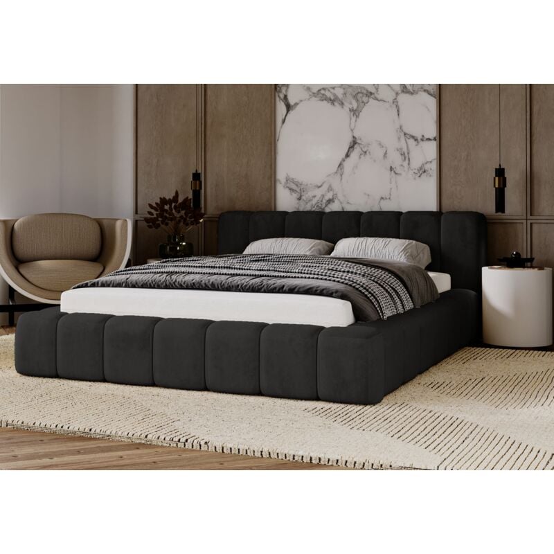 Emporius - Lit adulte 160x200 Bolonia - lit avec rangement & Sommier, lit coffre 160 x 200 cm - Tissu Velours Noir (Magic Velvet 2219)