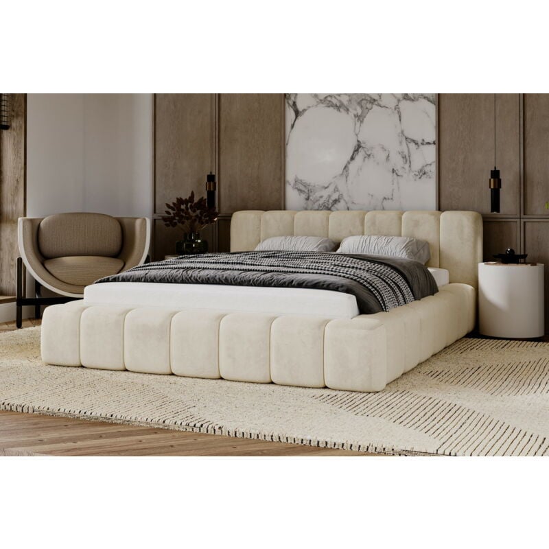 Emporius - Lit adulte 180x200 Bolonia - lit avec rangement & Sommier, lit coffre 180 x 200 cm - Tissu Velours Beige (Magic Velvet 2201)