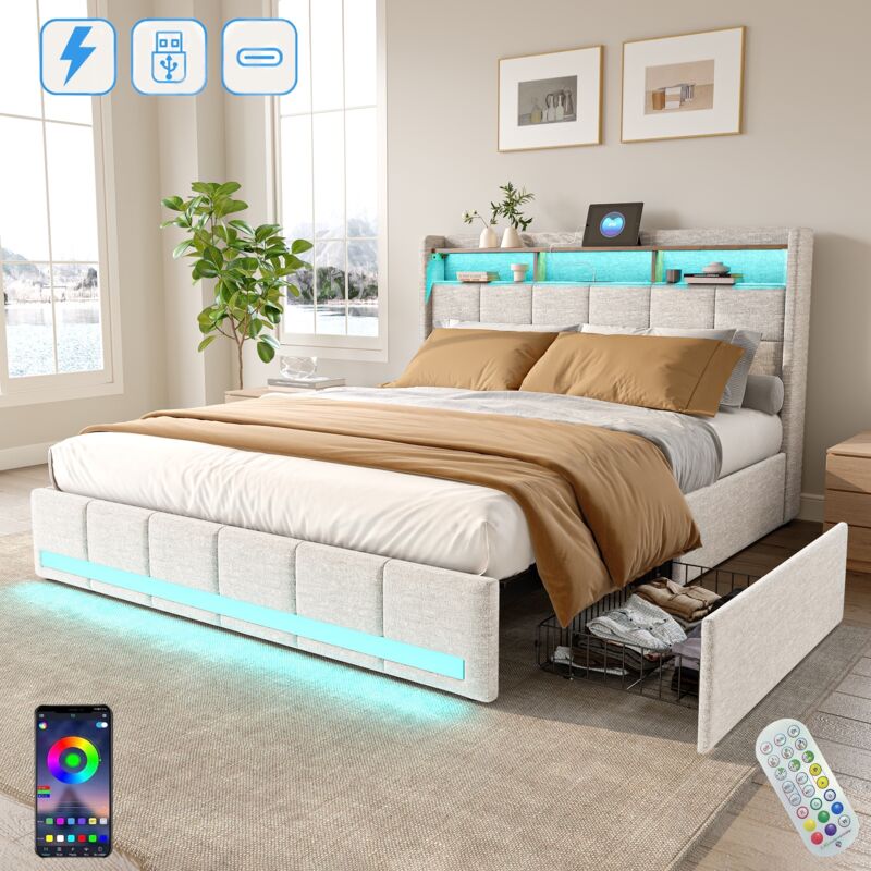 Lit adulte 160x200 cm, 2 places, avec 4 tiroirs et étagères de rangement, éclairage LED, USB fonction de charge C, sommier à lattes en bois, lit