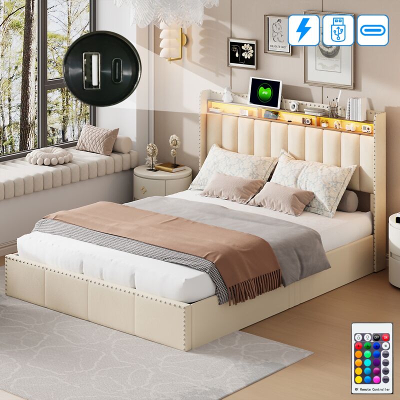 Lit adulte 140x200 cm, 2 places, avec led, rangement, décoration cloutée, sommier à lattes en bois, cadre en métal, lit capitonné en Velours - Beige