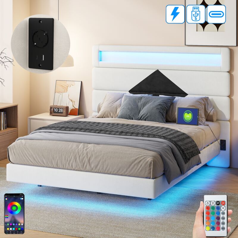 Dans Les Nuages - Lit adulte 140x190 cm, 2 places, avec led, usb-a/c, tête de lit à motif en losange réglable, sommier à lattes en bois, Design, lit