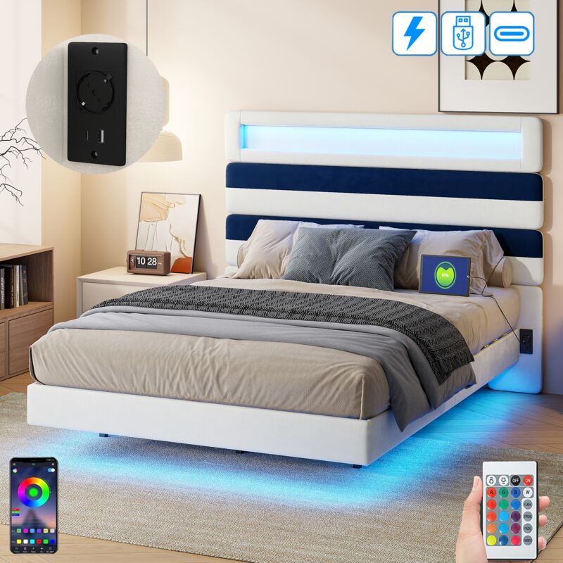 Lit adulte 160x200 cm, 2 places, avec led, usb-a/c, tête de lit à rayures réglable, sommier à lattes en bois, Design, lit suspendu capitonné en