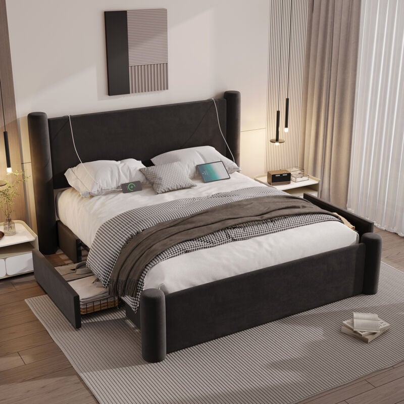 Lit adulte 140x200 cm, 2 usb, lit double rembourré avec 2 tiroirs de rangement, velours, sans matelas, noir