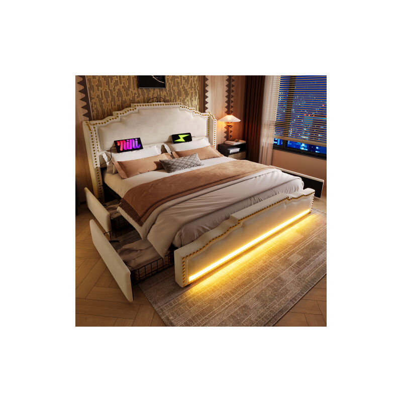 Wishdor - Lit adulte 160x200 cm avec 4 tiroirs, éclairage led télécommandé, port de charge usb-c, sommier à lattes, velours, sans matelas, beige