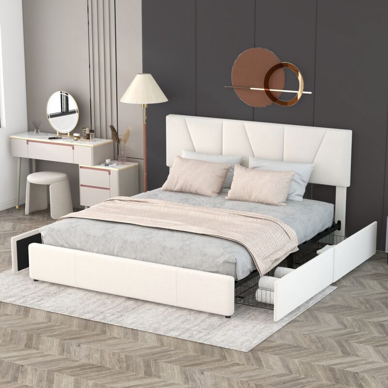 Lit adulte 160x200 cm, avec 4 tiroirs, rangement, cadre en métal, sommier à lattes, lit capitonné en velours - Beige