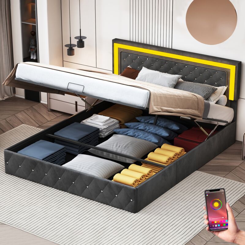 Lit adulte 160x200 cm, avec éclairage LED, rangement, tête de lit capitonné en boutons cristal artificiel, sommier à lattes en bois, lit double en