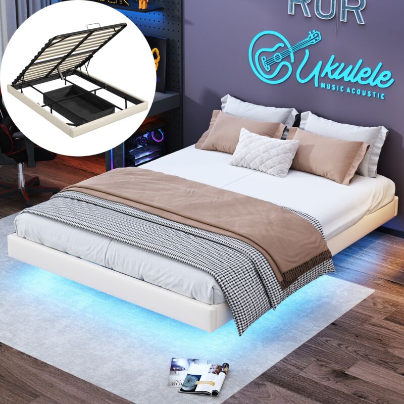 Dans Les Nuages - Lit adulte 160x200 cm, avec led, sans tête de lit, rangement, télécommande, app, sommier à lattes en bois, cadre en métal, lit