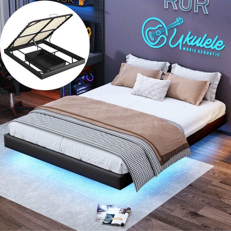 Dans Les Nuages - Lit adulte 160x200 cm, avec led, sans tête de lit, rangement, télécommande, app, sommier à lattes en bois, cadre en métal, lit