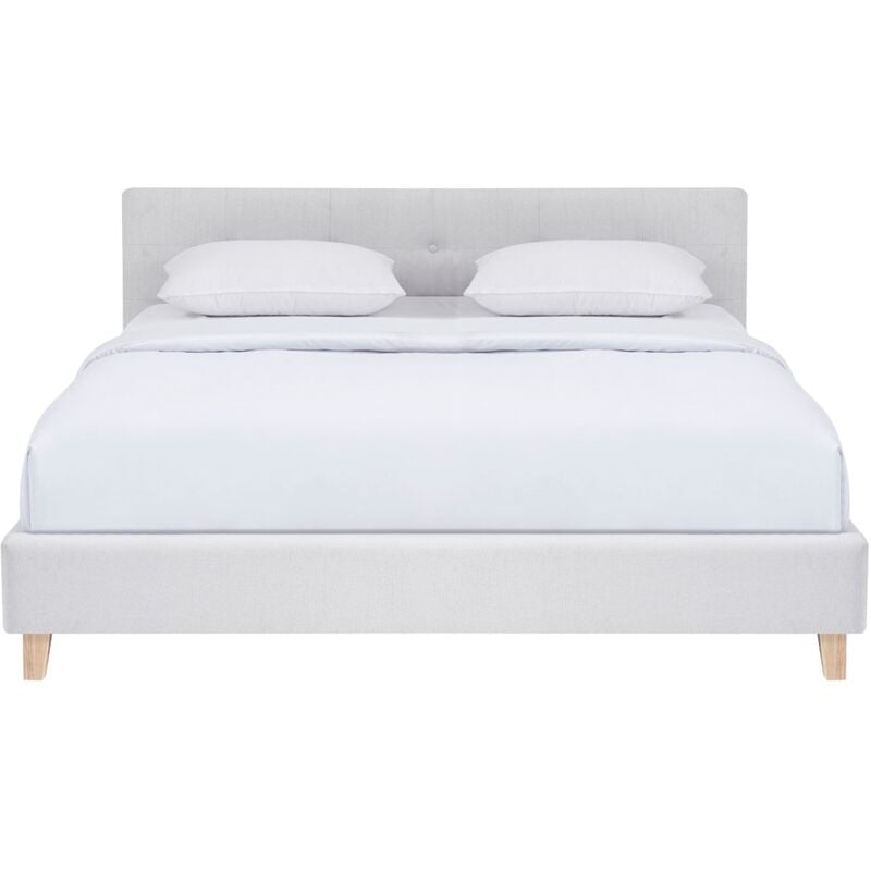 Homifab - Lit adulte 140x190 cm avec tête de lit capitonnée en tissu beige - Milo