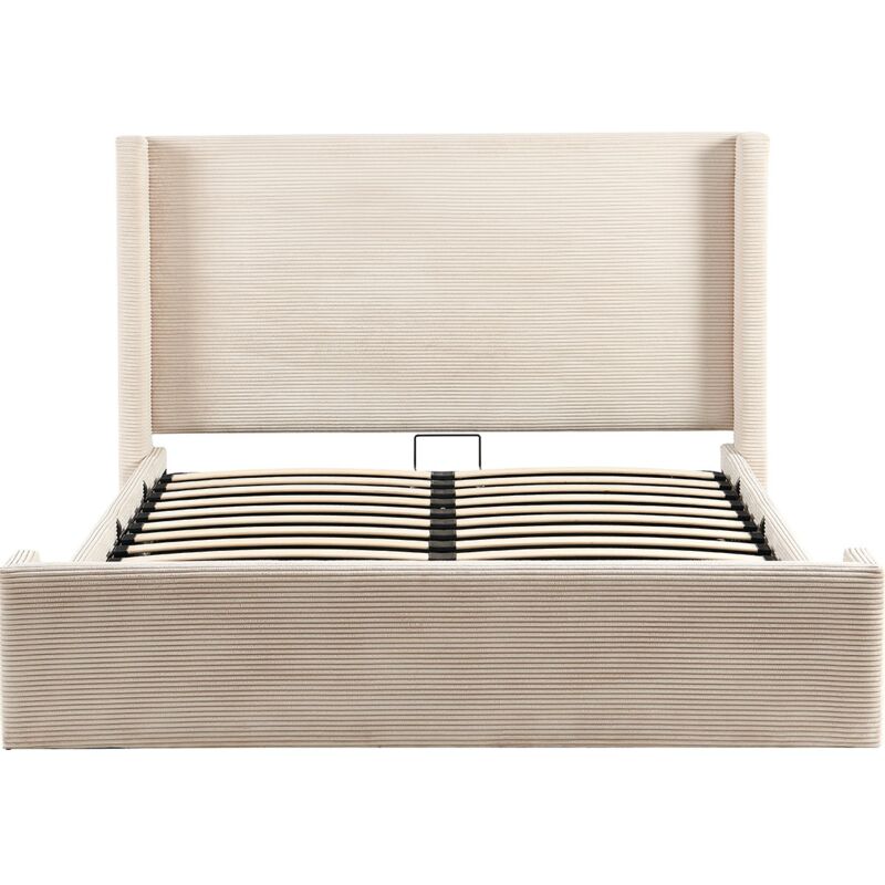 Homifab - Lit adulte 160x200 cm avec tête de lit matelassée en velours côtelé beige - Frida