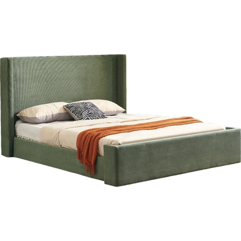 Homifab - Lit adulte 140x190 cm avec tête de lit matelassée en velours côtelé vert kaki - Frida