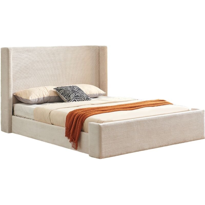 Homifab - Lit adulte 140x190 cm avec tête de lit matelassée en velours côtelé beige - Frida