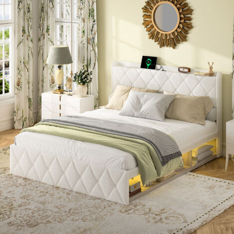 Lit adulte 160x200 cm avec USB et LED, tête de lit avec rangement, structure stable, tissu bouclé blanc