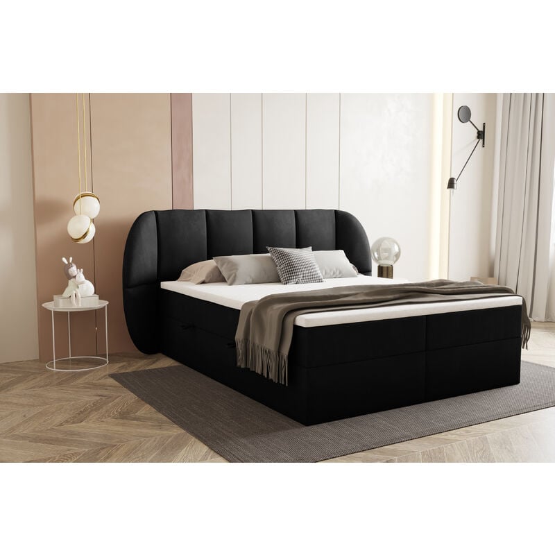 Lit adulte 180x200 cm BILBAO - rembourré avec rangement et matelas – tissu velours - noir