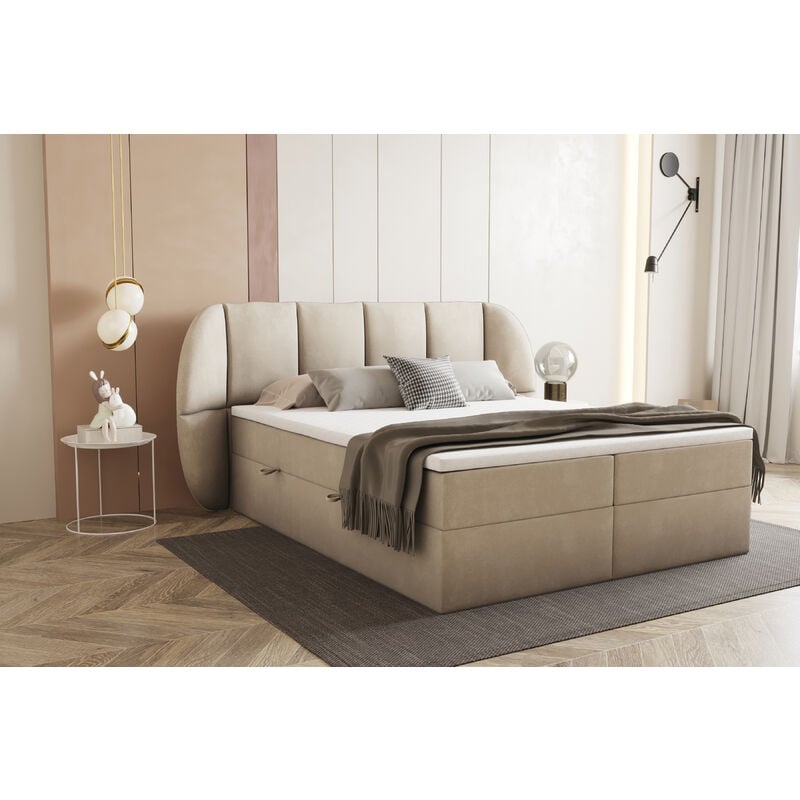 Trada - Lit adulte 200x200 cm bilbao - rembourré avec rangement et matelas – tissu velours - beige