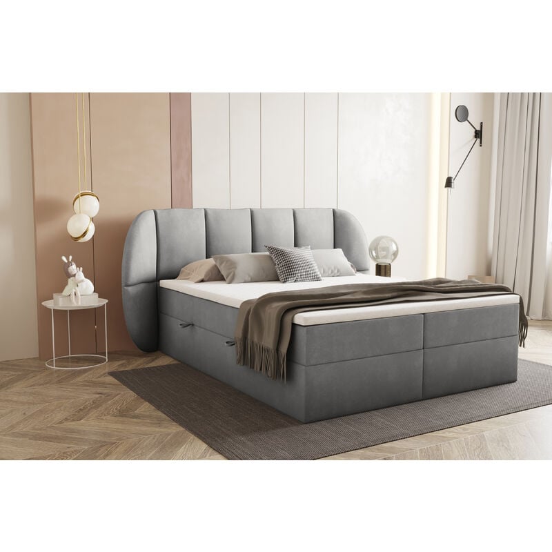 Trada - Lit adulte 200x200 cm bilbao - rembourré avec rangement et matelas – tissu velours - gris