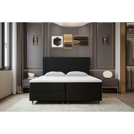 Lit adulte 160x200 cm ESTEPONA - avec matelas ressorts intégrés, rangement et surmatelas - tissu velours – noir