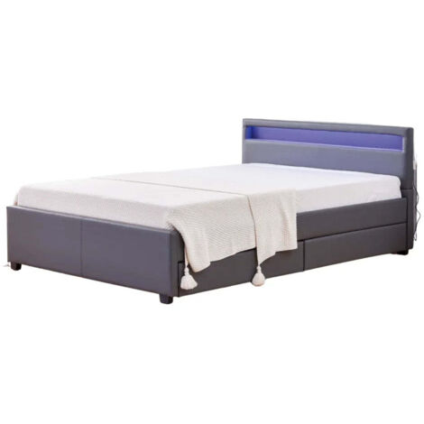 Lit adulte 160x200 cm gris avec tiroirs LED sommier inclus