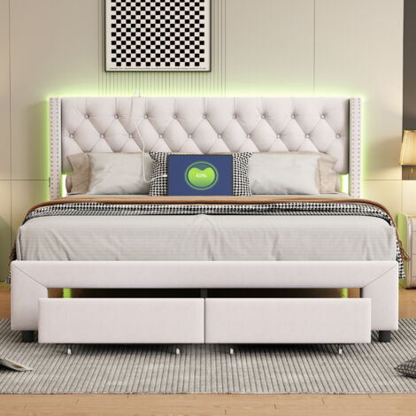 Lit adulte 160x200 cm - LED - tissu en velours - sommier - tiroir - cadre de lit 160x200 cm - beige