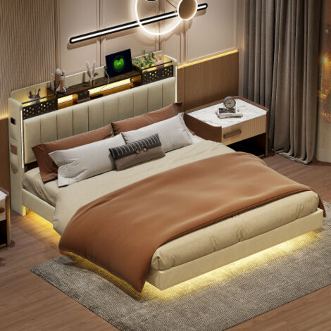 Lit adulte 160x200 cm, lit capitonné avec éclairage LED, prise USB, tête de lit avec rangement, sans matelas, tissu lin, beige
