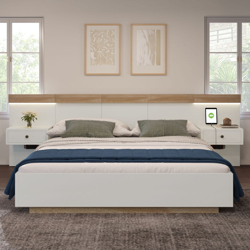 Lit adulte 160x200 cm, Lit double avec chevets suspendus, led et ports usb, cadre en bois, sommier à lattes, chêne + blanc