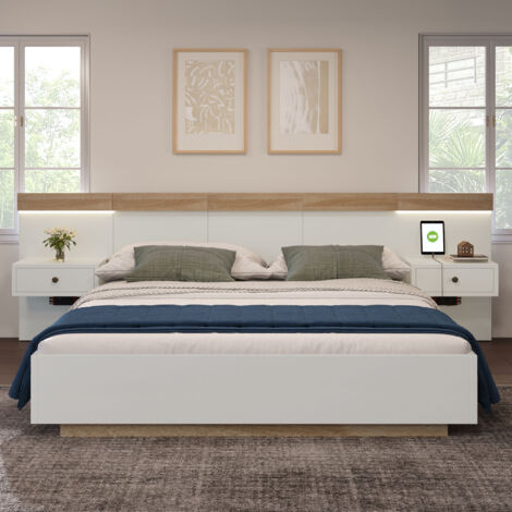 Lit adulte 160x200 cm, Lit double avec chevets suspendus, led et ports usb, cadre en bois, sommier à lattes, chêne + blanc