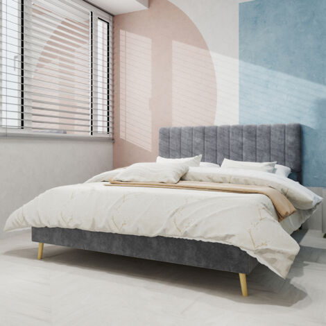 Lit adulte 160x200 cm, pieds métal, sommier à lattes, avec tête de lit et sans matelas, velours, gris