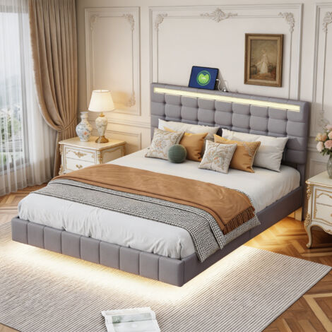 Lit adulte 160x200 cm, Rangement sous lit à gaz, Lit suspendu capitonné avec éclairage LED et 2 ports USB, ête de lit réglable pour chambre à coucher, lin, Gris