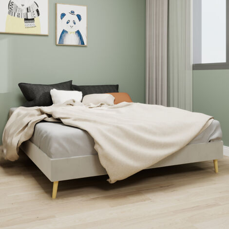 Lit adulte 160x200 cm, sommier à lattes tapissier, sans matelas et tête de lit, tissu + métal, beige