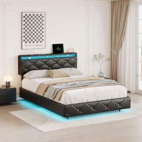 Lit Adulte 160x200 cm, Sommier Lattes, Design Suspendu Moderne, Tête de Lit Réglable avec LED RGB et Rangement, en Tissu Lin Noir