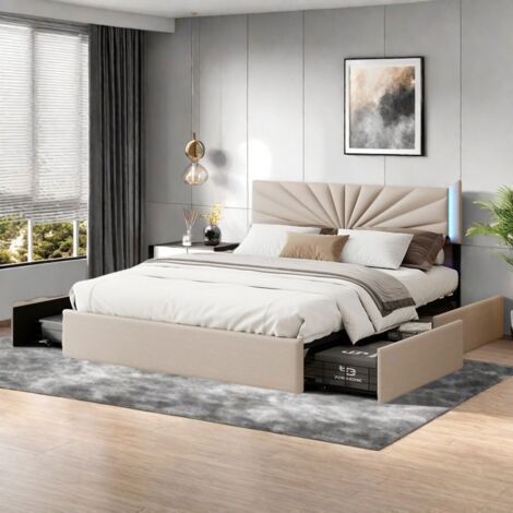 Lit Adulte 160x200 cm - Tiroirs - LED - Tête de Lit en Tissu Beige - Design Moderne et Luxe