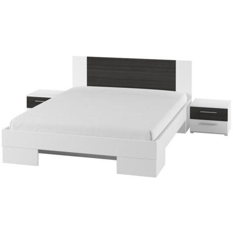 Lit adulte 160x200 collection IRINA. Chevets intégrés. Coloris blanc et gris anthracite - Blanc
