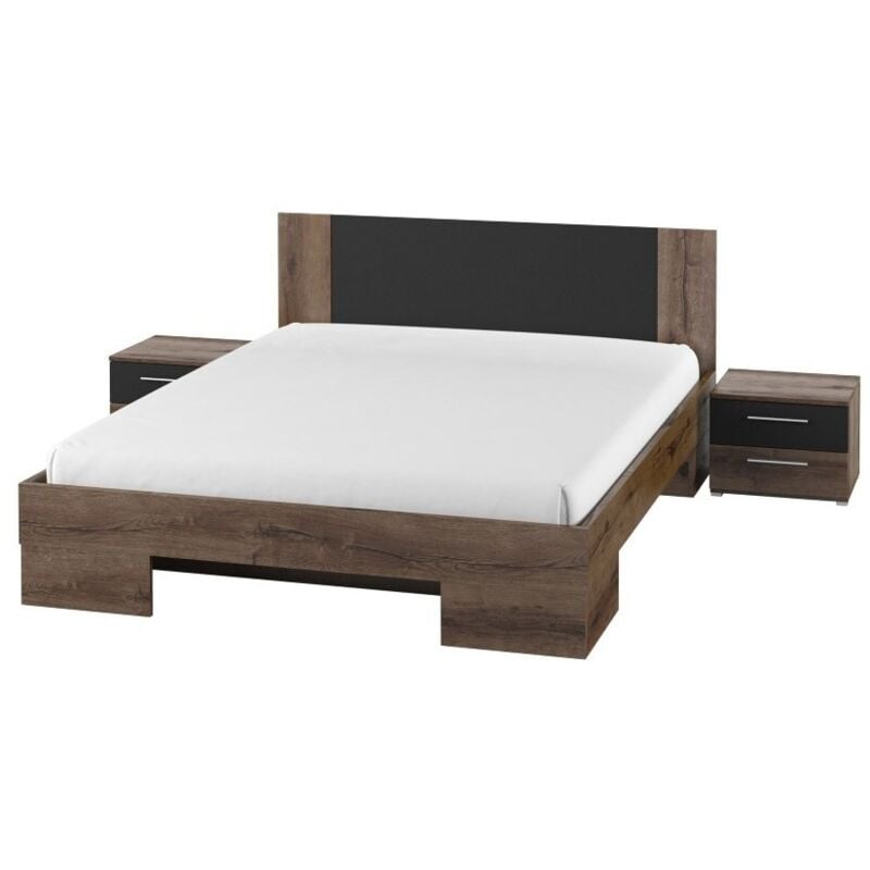 Lit adulte 160x200 collection irina. Coloris chêne foncé et noir
